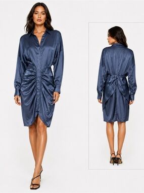 DO+BE Slate Blue Satin Ruched Dolman Sleeve Shirt Dress Size Large NWOT